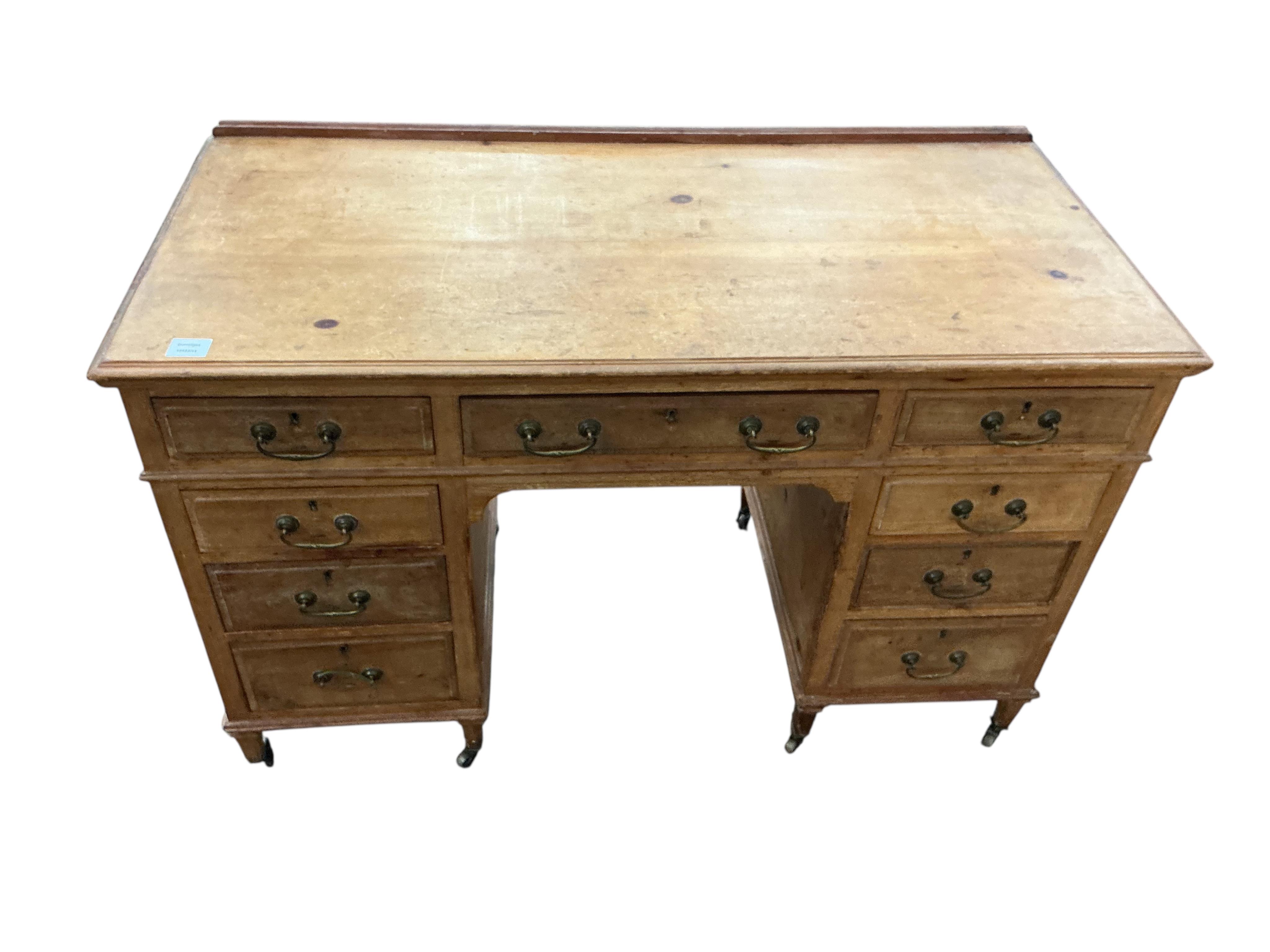An early 20th century mahogany and pine pedestal desk, width 122cm, depth 56cm, height 78cm